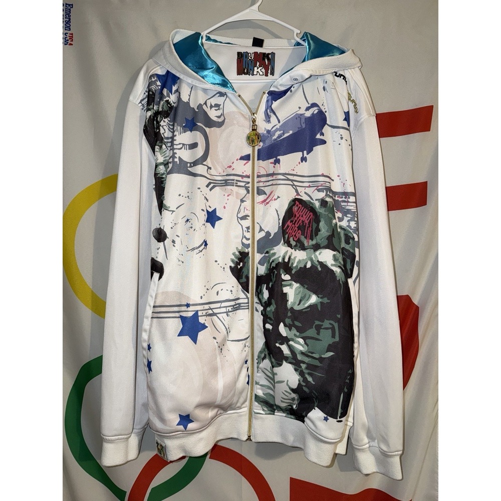 Vintage Drunknmunky Hoodie Mens 3XL White Full Zip Sweatshirt Y2K